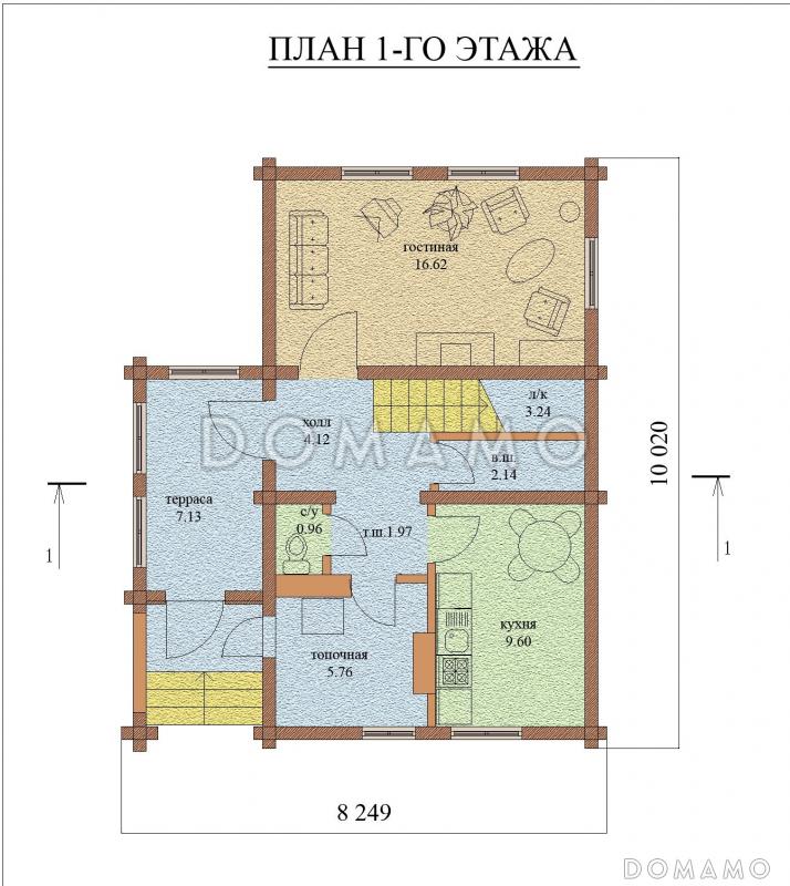 Проект компактного одноэтажного дома из оцилиндрованного бревна с мансардой / План 1 этажа