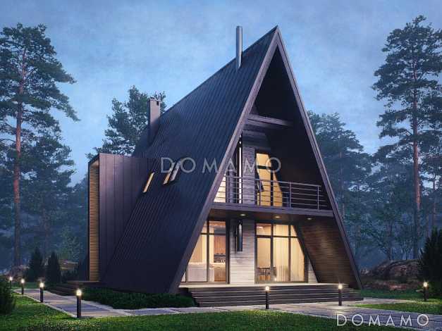 Проект каркасного загородного А-образного дома с террасой, лоджией