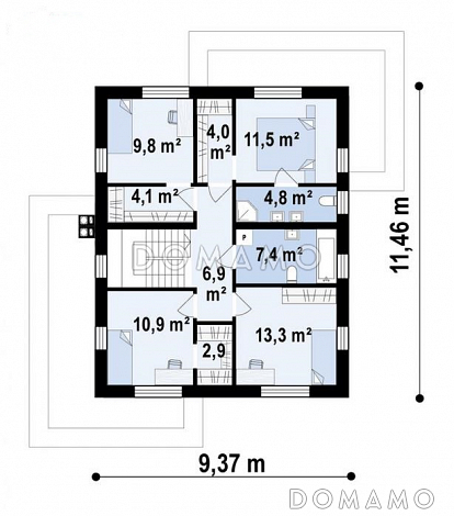 Проект двухэтажного дома с гаражом, входом на кухню из гостиной и прихожей, кладовой, санузлом под лестницей / План 2 этажа