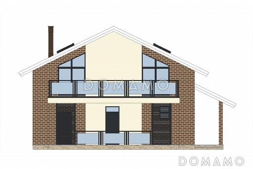 Проект двухэтажного каркасного дома с крытой террасой, сауной и балконом / Фасад 1