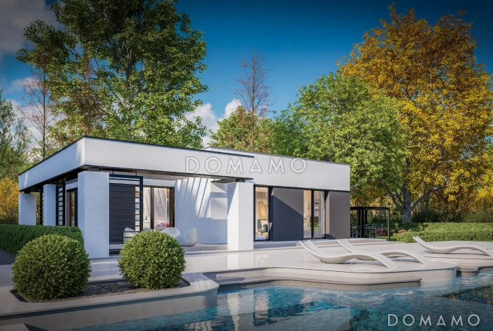 Проект дома из газобетона с террасой, панорамными окнами и плоской крышей