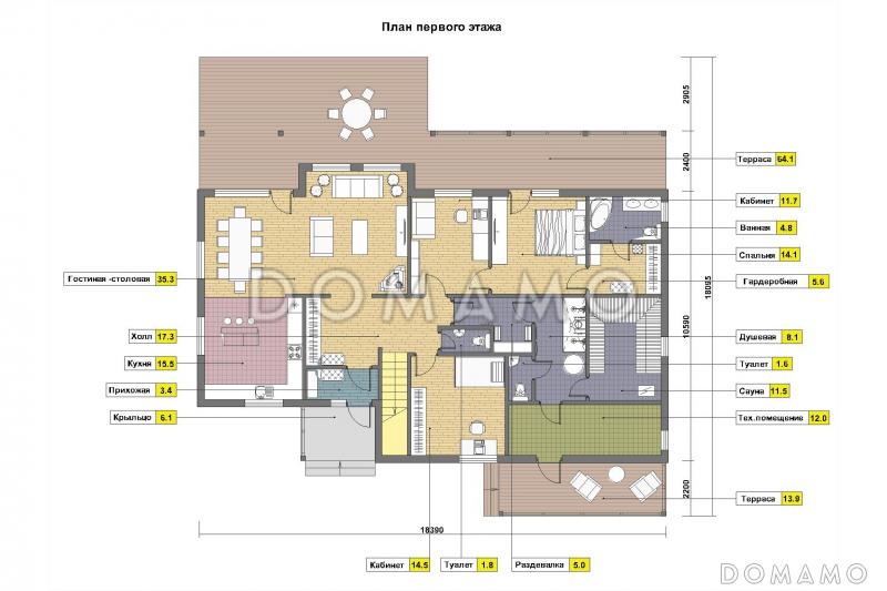 Проект дома из пеноблоков с просторным холлом на мансардном этаже / План 1 этажа