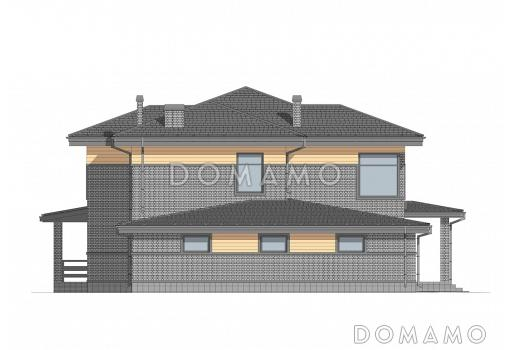 Проект двухэтажного дома из газобетона с 4 спальнями, кабинетом и крытой террасой / Фасад 3