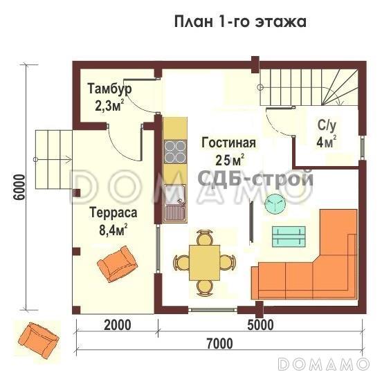 Дом из профилированного бруса по проекту ДПБ3 / План 1 этажа