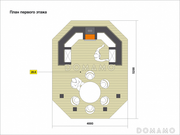 Проект беседки традиционной формы с обеденной зоной и зоной барбекю / План 1 этажа
