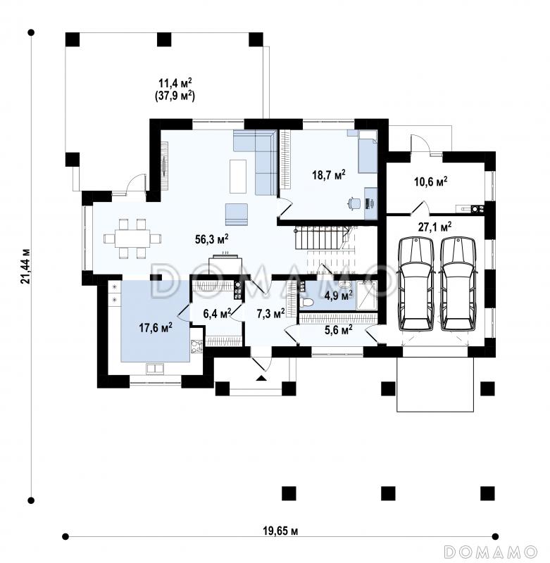Проект дома с гаражом на 2 машины, большой гостиной, проходом на кухню из прихожей, отдельным входом в котельную / План 1 этажа