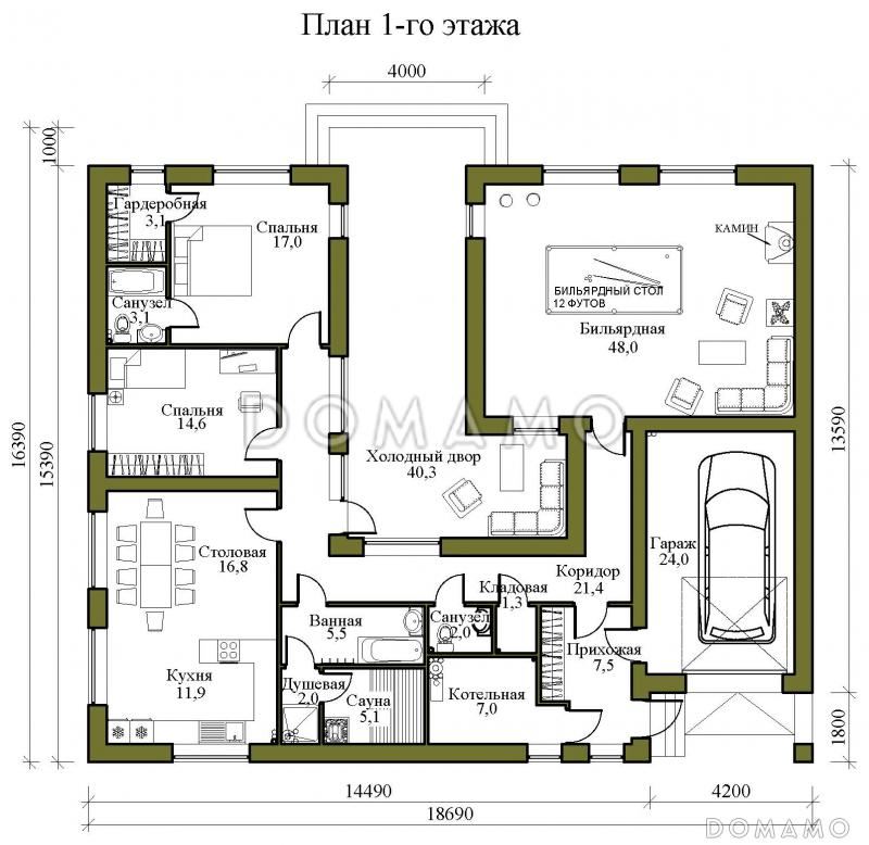 Проект одноэтажного газобетонного дома в стиле хай-тек с внутренним двором, бильярдной, сауной и гаражом / План 1 этажа