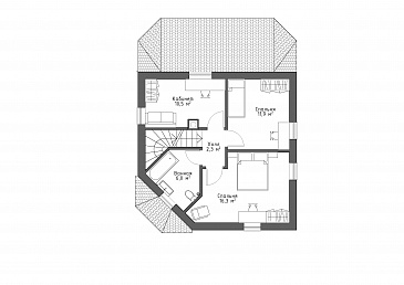 Проект квадратного  коттеджа  со входом с угла и большой террасой / План мансардного этажа