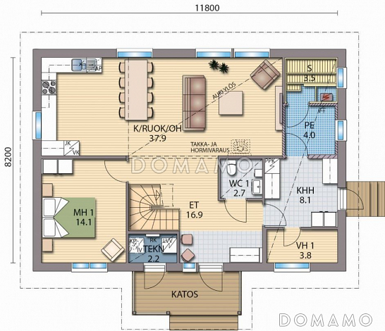 Проект каркасного дома со вторым светом над гостиной / План 1 этажа
