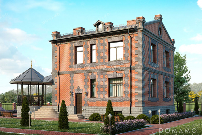 Проект кирпичного двухэтажного дома с 4 спальнями, верандой, круглой беседкой на террасе и обустроенным цокольным этажом