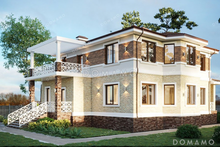 Проект дома с террасой, балконом и гаражом