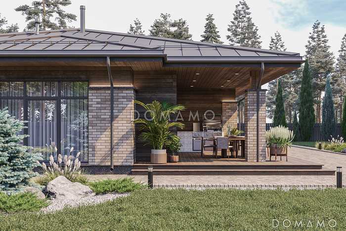 Проект кирпичного дома с 3 спальнями, сауной, угловой террасой, местами для хранения и навесом для двух машин