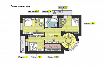 Проект дома с башней, окнами в пол на веранде, с балконом и лоджией / План мансардного этажа