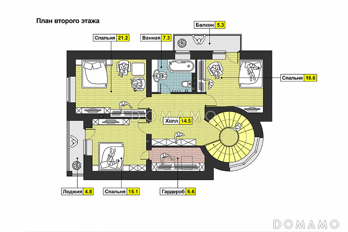 Проект дома с башней, окнами в пол на веранде, с балконом и лоджией / План мансардного этажа