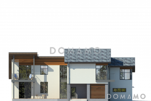 Проект дома с гаражом на две машины, террасой, вторым светом, сауной, двумя балконами / Фасад 1