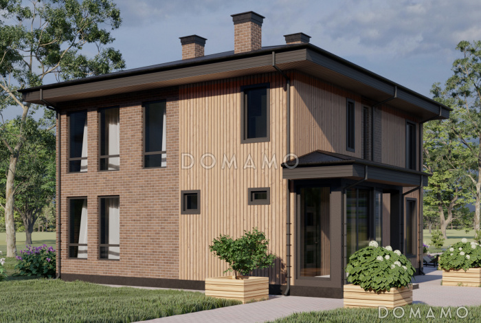 Проект двухэтажного каркасного дома с панорамным остеклением и двумя верандами