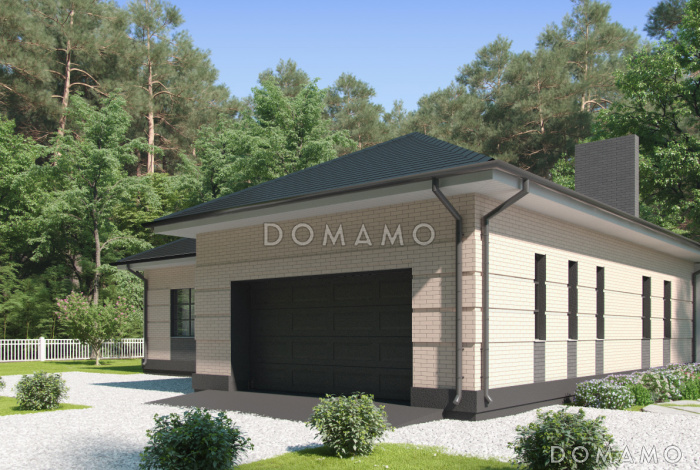 Проект одноэтажного дома с широкой террасой, кухней-столовой, гаражом