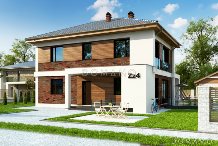 Проект современного двухэтажного дома из кирпича с четырьмя комнатами и уютной частично крытой террасой