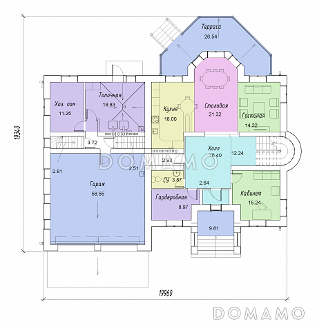 Проект двухэтажного дома с цокольным этажом, гаражом, эркером и террасой / План 1 этажа