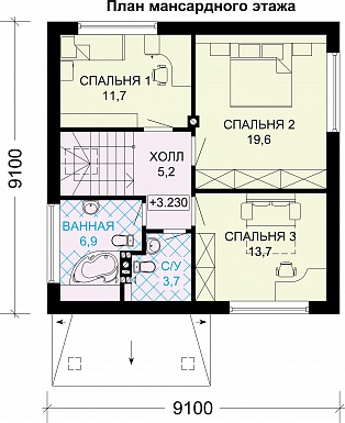 Проект дома из газобетона с тремя спальнями на втором этаже / План мансардного этажа