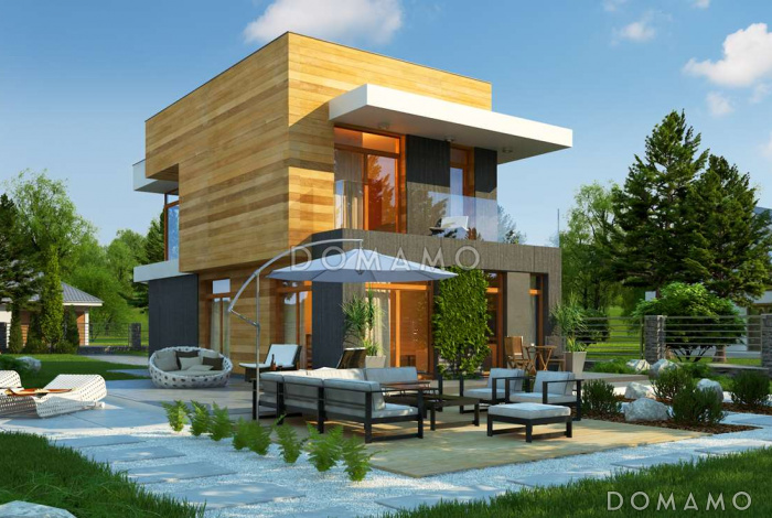 Проект двухэтажного дома из газобетона в стиле кубизм с балконом