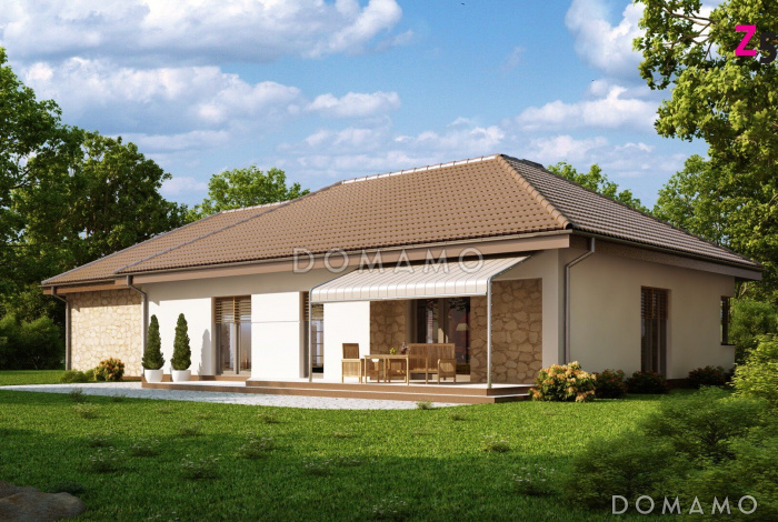 Проект одноэтажного дома из газобетона с большим встроенным гаражом на два автомобиля и мастерской 