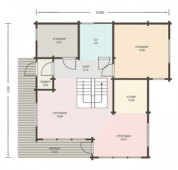 Проект дома из клееного бруса со вторым светом и двумя спальнями на мансардном этаже / План 1 этажа