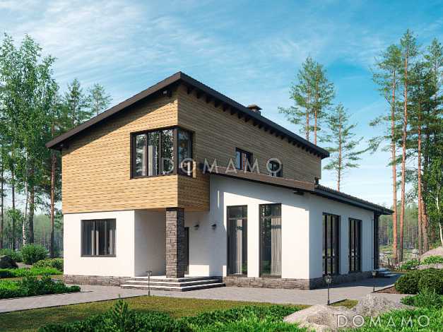 Проект дома с косой крышей, детскими комнатами, террасой, большой гостиной-столовой