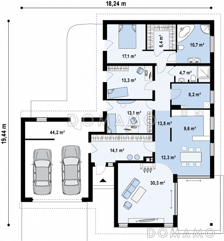 Проект просторного одноэтажного дома из газобетона с тремя спальнями, большой гардеробной и гаражом на два автомобиля / План 1 этажа