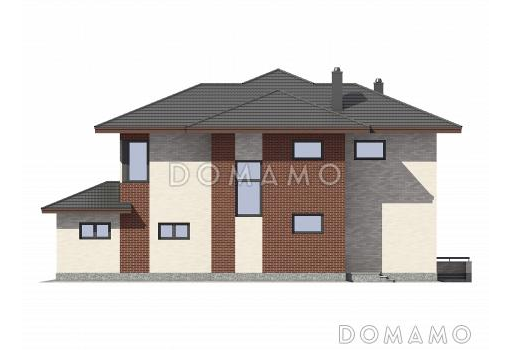 Проект загородного дома из СИП панелей с четырьмя спальными комнатами и гаражом для одного автомобиля / Фасад 3