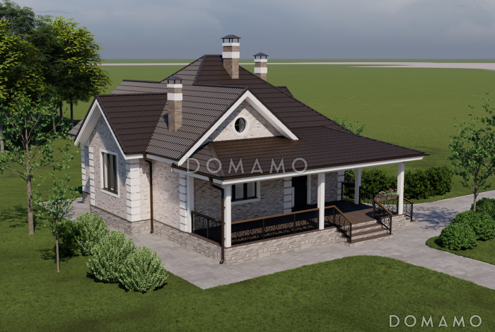 Проект одноэтажного газобетонного дома с двумя спальнями и просторной террасой