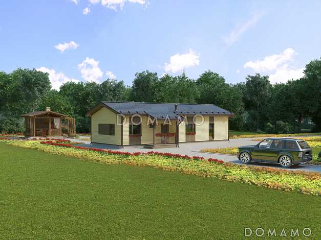 Проект одноэтажного каркасного дома с тремя спальнями, сауной и крытой террасой