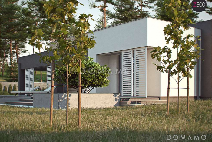 Проект одноэтажного дома из газобетона с плоской крышей, большой площадью остекления и крытой террасой