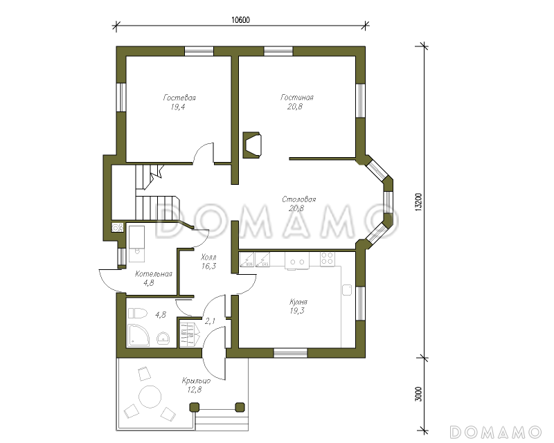 Проект дома из пенобетона без гаража / План 1 этажа
