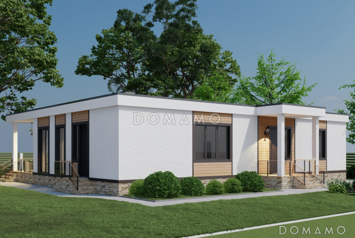 Проект просторного одноэтажного кирпичного дома в стиле хай-тек с тремя спальнями и террасой