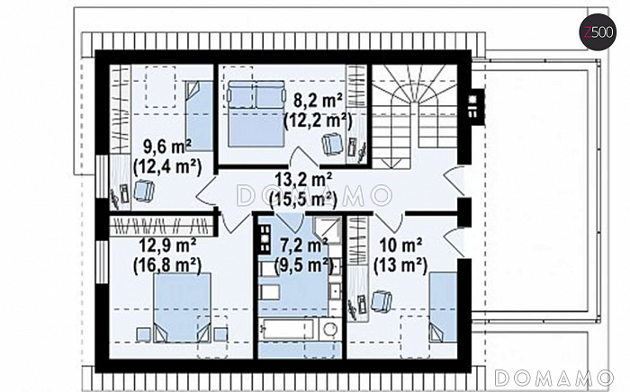 Проект одноэтажного мансардного дома из газобетона в современном стиле, с гаражом и террасой над ним / План мансардного этажа