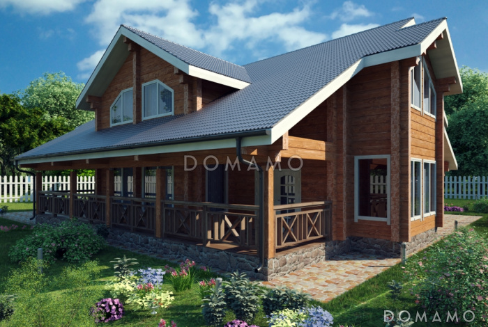 Проект дома из клееного бруса с навесом для авто