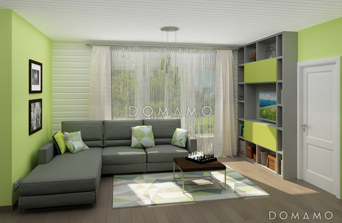 Проект одноэтажного каркасного дома с тремя спальнями, сауной и крытой террасой