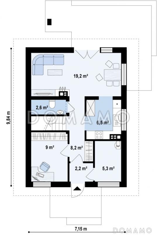 Проект компактного одноэтажного мансардного дома из кирпича с кабинетом и балконом / План 1 этажа
