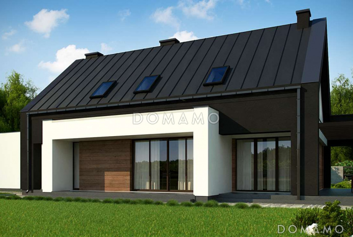 Проект удобного современного одноэтажного мансардного дома из кирпича с гаражом и тремя спальнями на мансарде