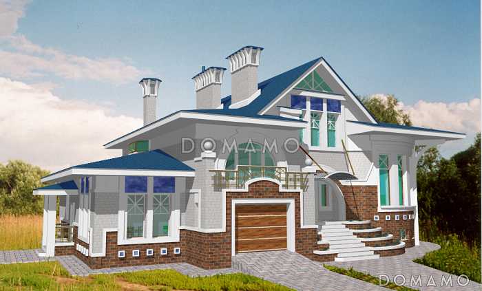 Проект коттеджа с круглой двусветной гостиной и гаражом