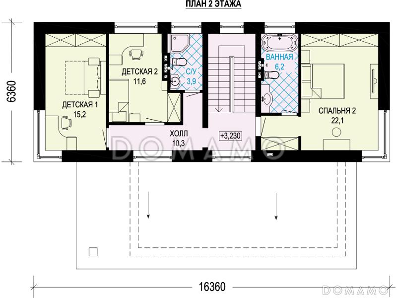 Проект загородного дома с террасой, кабинетом, совмещенной гостиной-столовой / План мансардного этажа