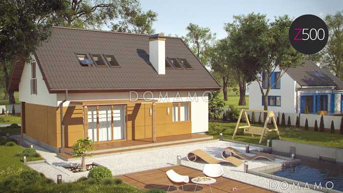 Проект одноэтажного мансардного дома из кирпича с большим техническим помещением и тремя спальнями