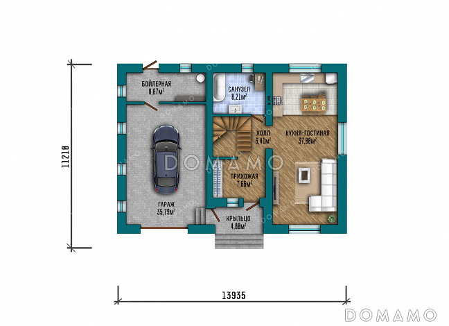 Проект современного двухэтажного дома с просторным гаражом, балконом, совмещенной кухней-гостиной и большим зимним садом на втором этаже / План 1 этажа