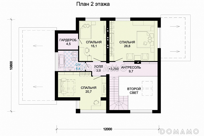 проект светлого дома с верандой и гаражом для одной машины / План мансардного этажа