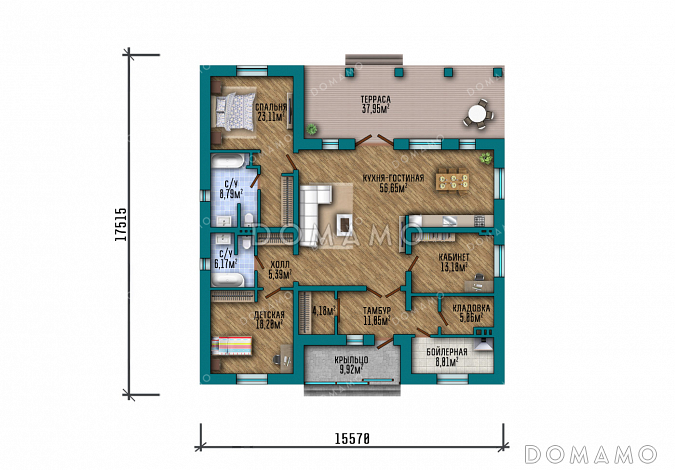 Проект большого одноэтажного дома с просторной зоной кухни-гостиной, крытой террасой, выделенной мастер-спальней и кабинетом / План 1 этажа
