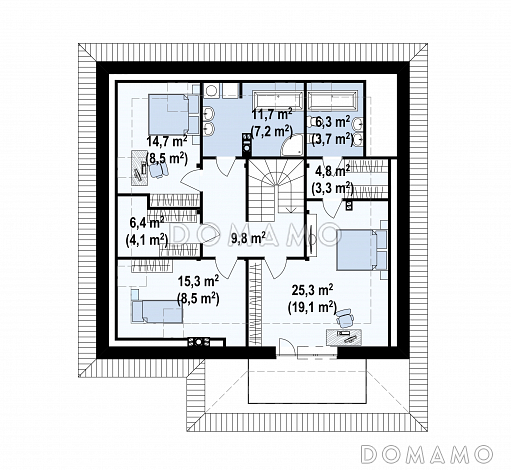 Проект мансардного дома из газобетона с четырьмя спальнями, необычным мансардным окном и гаражом  / План мансардного этажа