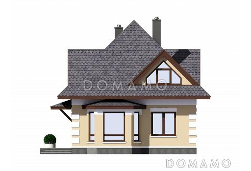 Проект одноэтажного дома из газобетона с мансардой, эркером, треугольными окнами и шатровой ломанной крышей / Фасад 1