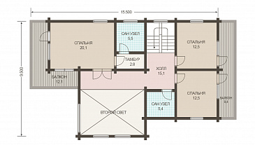 Проект двухэтажного дома из клееного бруса с двумя гостевыми комнатами на первом этаже / План мансардного этажа
