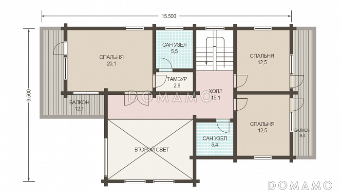 Проект двухэтажного дома из клееного бруса с двумя гостевыми комнатами на первом этаже / План мансардного этажа